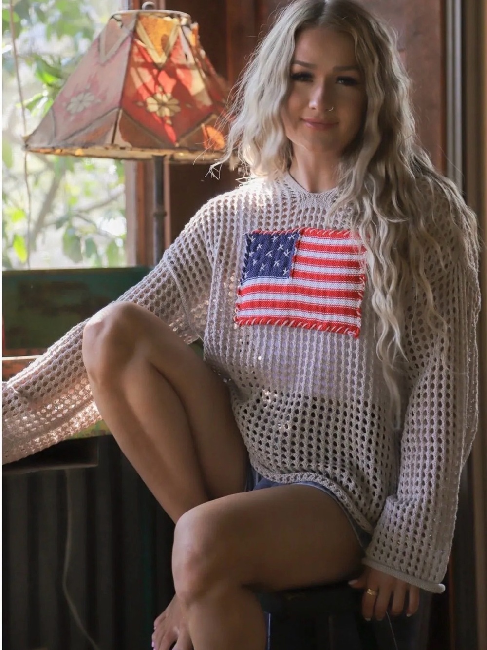 Blakeley Freedom Flag Patch Pullover in Oatmeal Plus